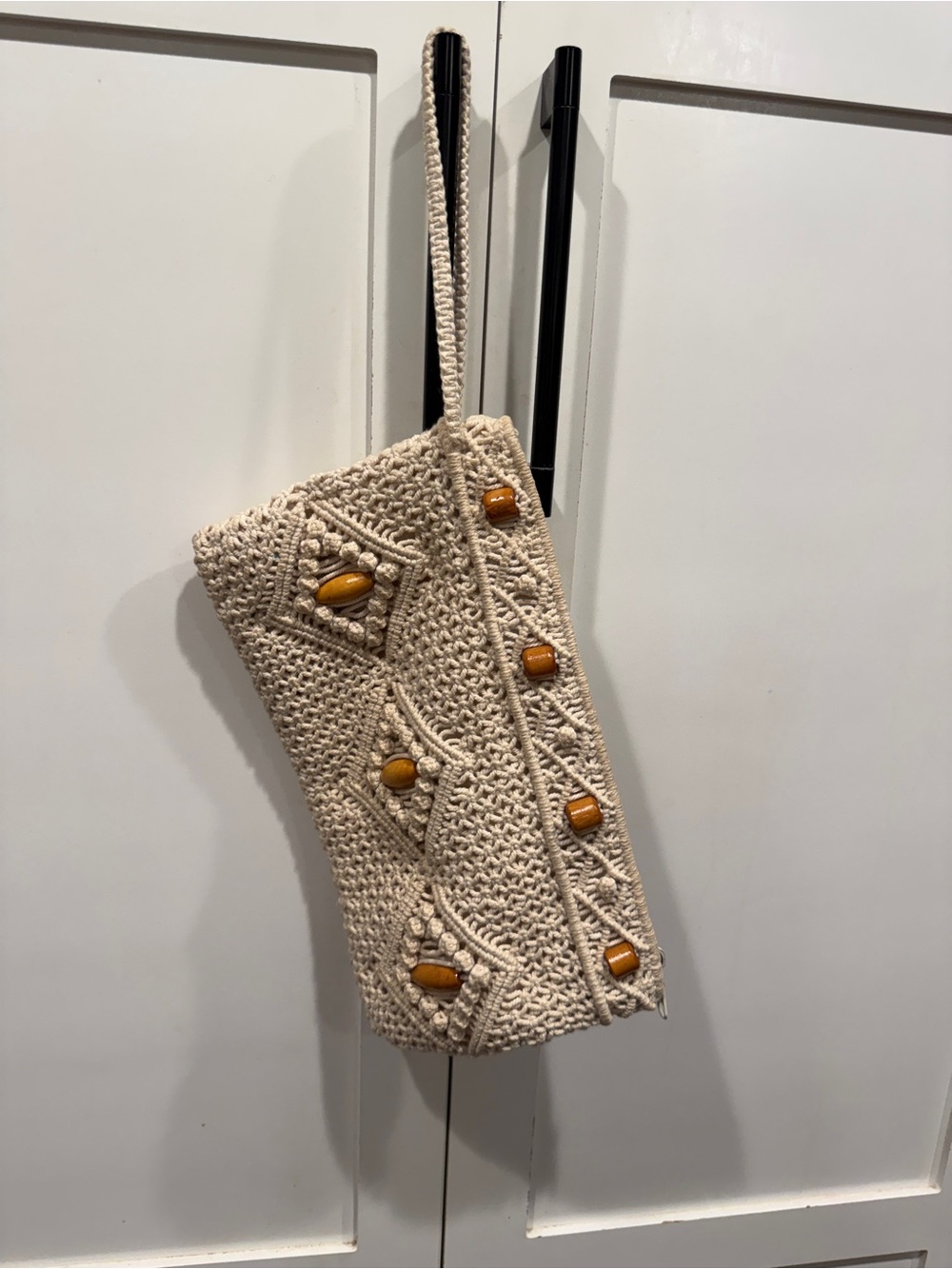 Macrame Cream Handheld Clutch with Wooden Bead Accents